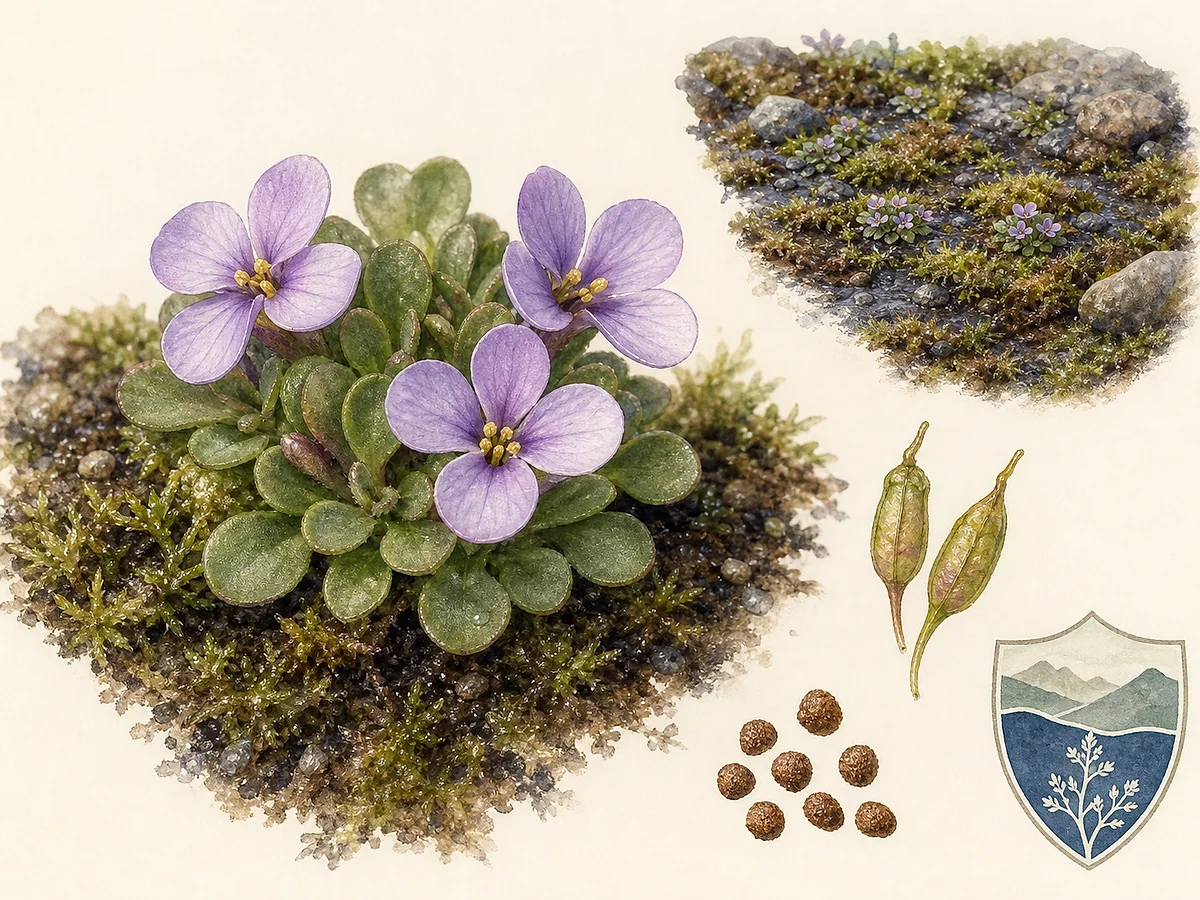 Prancha botânica de Jonopsidium acaule com minúscula roseta anual, folhas arredondadas, flores lilás de quatro pétalas quase sem caule e pequenas silículas