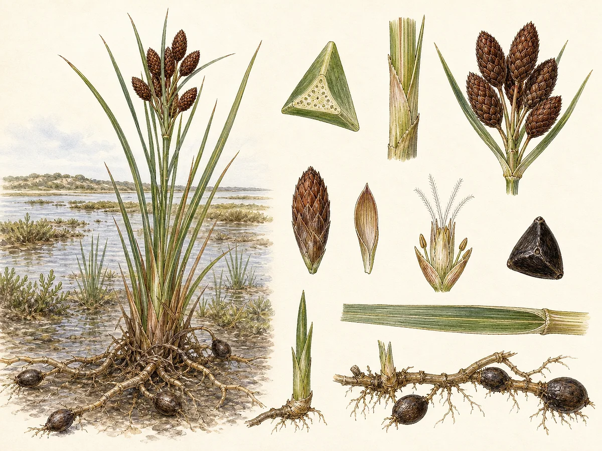 Prancha botânica de Bolboschoenus maritimus com colónia de caules triangulares, folhas longas, glomérulos de espiguetas castanhas e tubérculos no rizoma