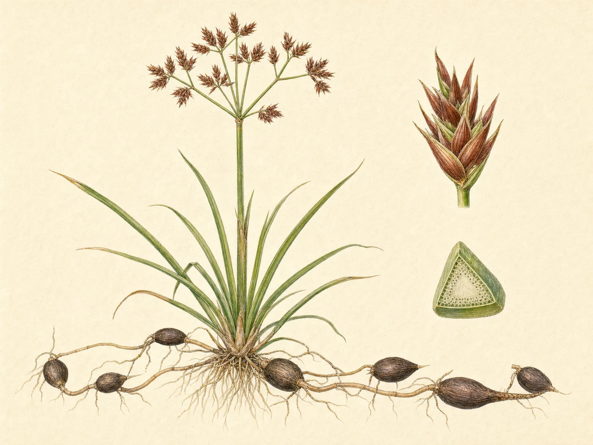 Prancha ilustrada de Cyperus rotundus com folhas estreitas, caule triangular, inflorescência castanho-avermelhada e cadeia subterrânea de rizomas e tubérculos