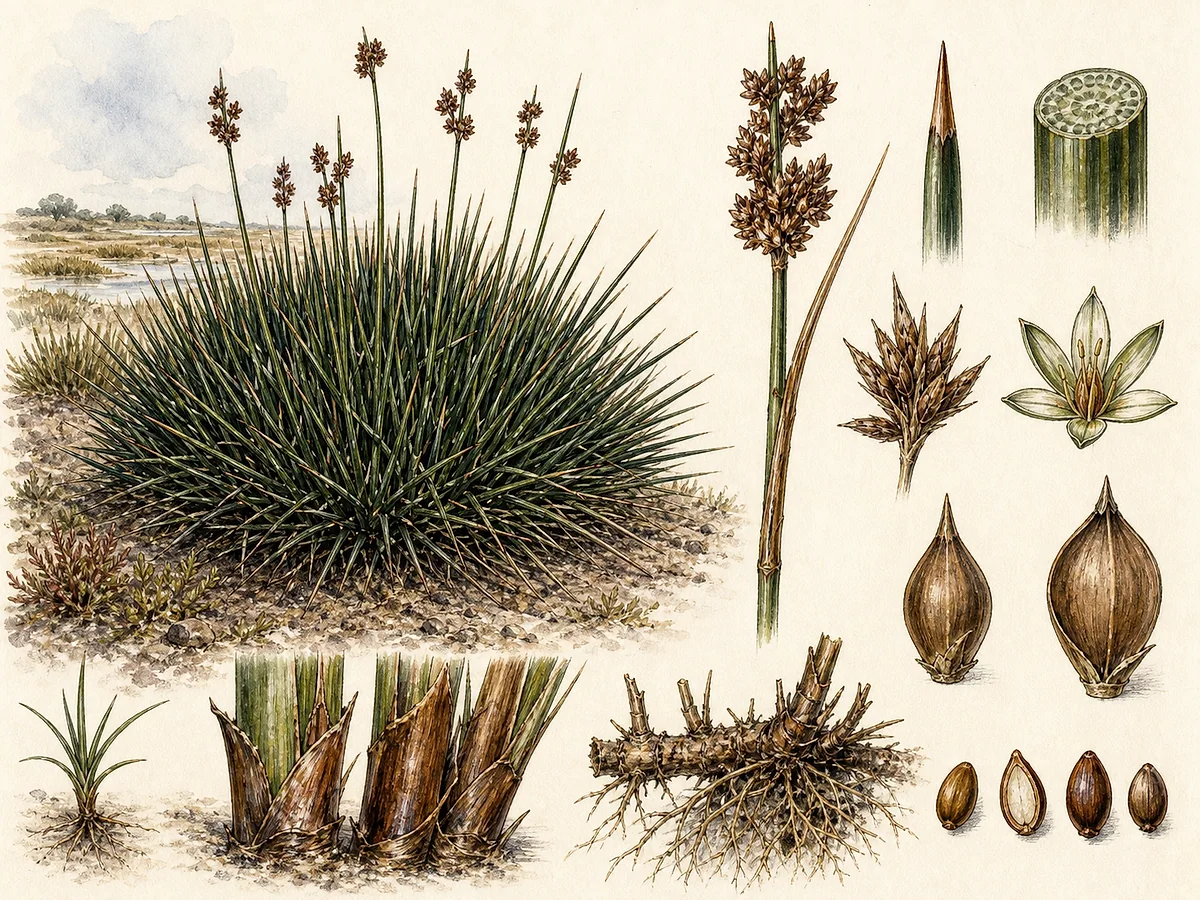 Prancha botânica de Juncus acutus com grande touceira hemisférica, folhas cilíndricas rígidas terminadas em ponta, inflorescência castanha e cápsulas