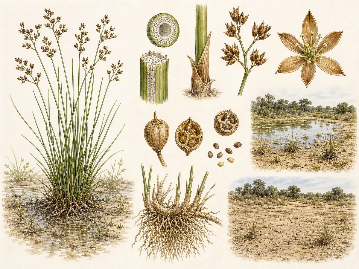 Prancha botânica de Juncus emmanuelis com tufo vivaz, folhas cilíndricas, inflorescência ramificada, tépalas castanhas e cápsula