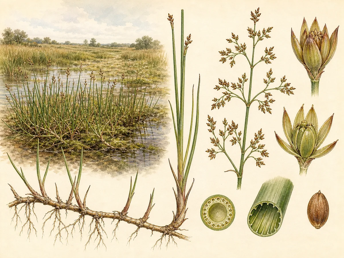 Prancha botânica de Juncus acutiflorus com rizoma rastejante, folhas cilíndricas septadas, inflorescência ramificada e tépalas agudas em torno da cápsula