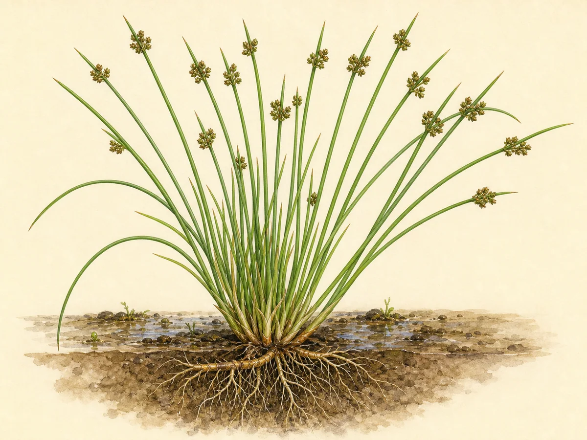 Ilustração botânica de um junco-efuso em touceira com caules cilíndricos verdes, inflorescências castanhas e rizoma