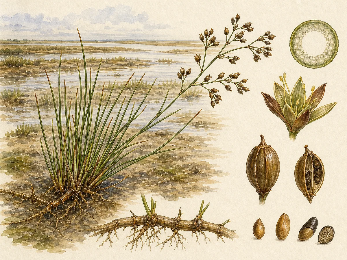 Prancha botânica de Juncus subulatus com touceira rizomatosa de folhas cilíndricas subuladas, caules verdes e inflorescência lateral ramificada com cápsulas