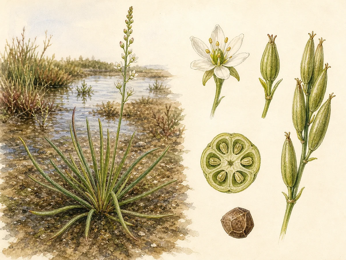 Prancha botânica de Triglochin barrelieri com roseta de folhas lineares carnosas, escapo fino, racemo de pequenas flores e frutos alongados de seis segmentos
