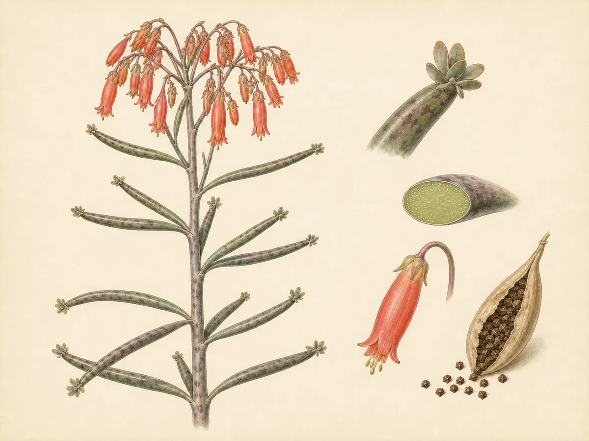 Prancha ilustrada de Kalanchoe delagoensis com caule ereto manchado, folhas quase cilíndricas com propágulos apenas no ápice, flores tubulosas pendentes, corte sólido da folha e folículo com sementes