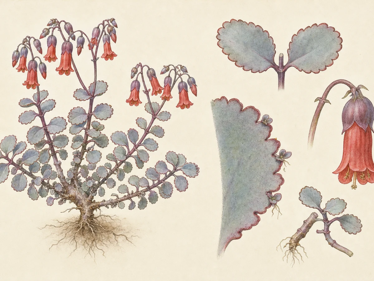 Prancha ilustrada de Kalanchoe fedtschenkoi com subarbusto ramificado, folhas opostas largas azuladas de margem crenada avermelhada, propágulos nos entalhes e flores tubulosas pendentes