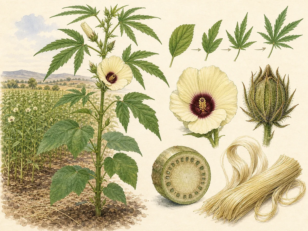 Prancha botânica de Hibiscus cannabinus com planta alta, folhas inferiores inteiras e superiores profundamente lobadas, flores creme de centro vinho, cápsulas e fibras do caule