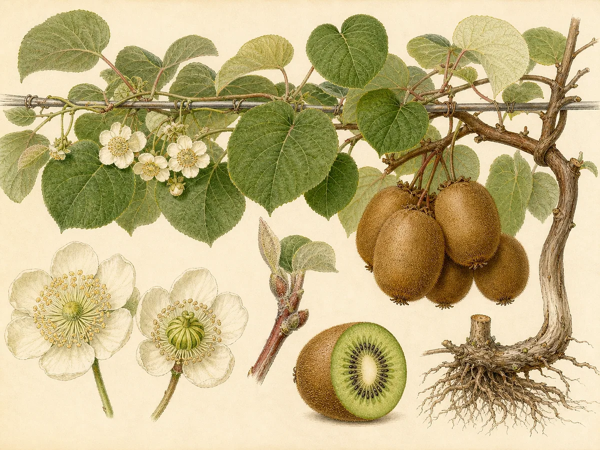 Ilustração botânica de actinídea conduzida em pérgula com ramos volúveis, folhas grandes, flores masculinas e femininas e kiwis castanhos, um cortado