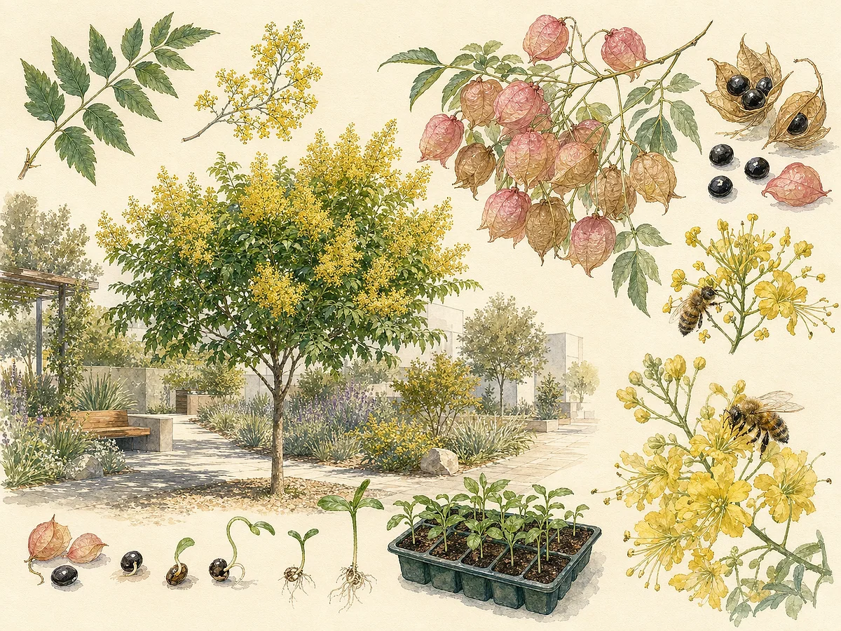 Prancha botânica de Koelreuteria paniculata com folhas pinadas recortadas, grandes panículas amarelas, cápsulas papiráceas rosadas em forma de lanterna e sementes negras