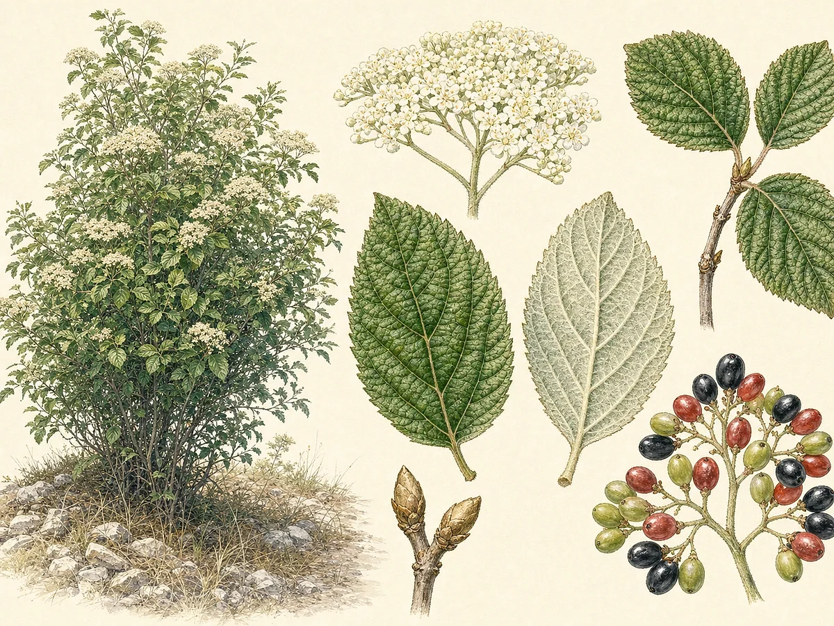 Prancha botânica de Viburnum lantana com folhas opostas ovais rugosas e tomentosas, corimbos brancos e drupas no mesmo cacho passando de verdes a vermelhas e negras