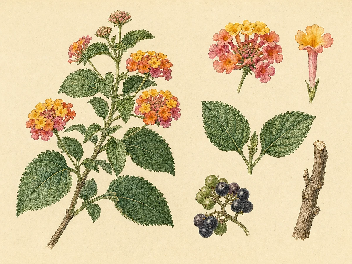 Prancha botânica de Lantana camara com folhas rugosas, capítulos multicolores, flores tubulares e bagas escuras