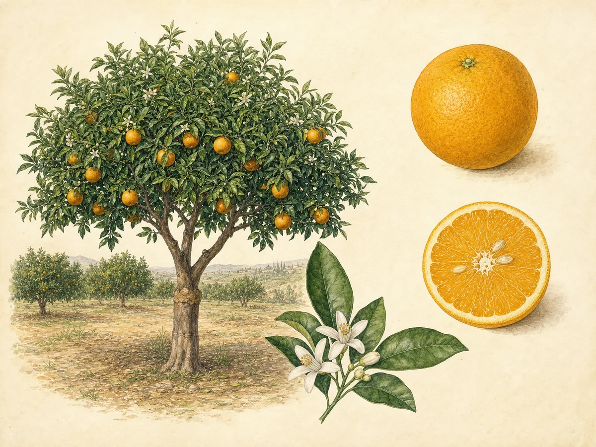 Prancha botânica da laranjeira portuguesa D. João com árvore, flor, folhas e laranja comum tardia sumarenta inteira e cortada