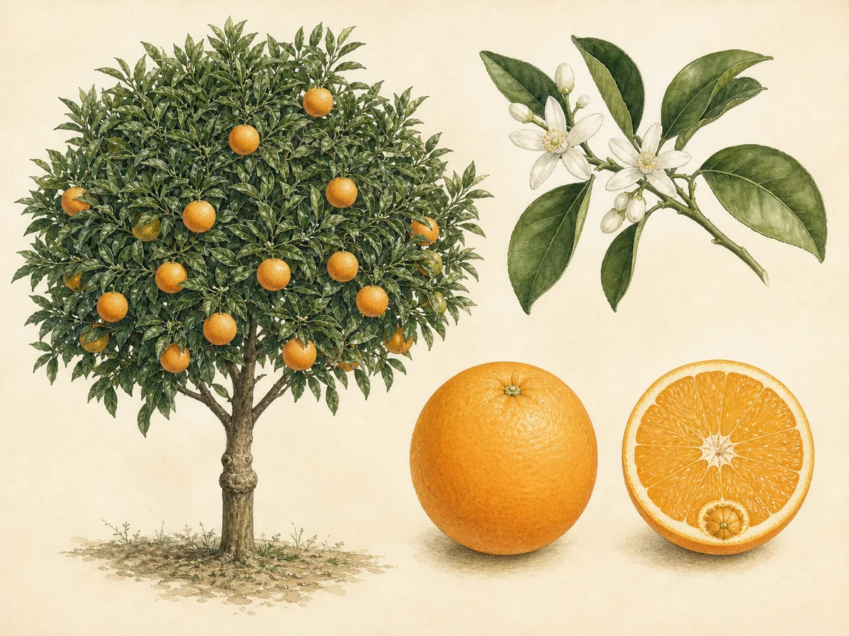 Prancha botânica da Navelina com árvore compacta, flor branca, folhas verde-escuras e laranja redonda de umbigo em corte sem sementes