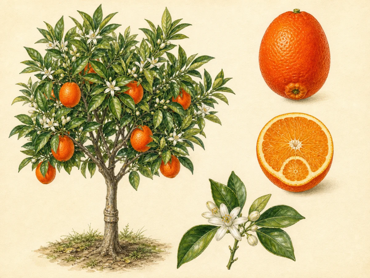 Prancha botânica da laranjeira Newhall com árvore, flor, folha alada e laranja de umbigo precoce alongada em corte
