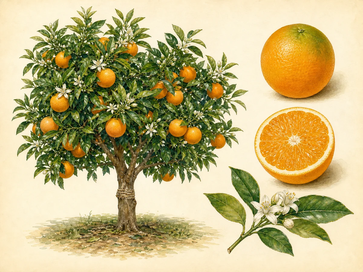 Prancha botânica da Valencia Late com árvore produtiva, flor e laranja tardia sem umbigo, muito sumarenta, inteira e em corte