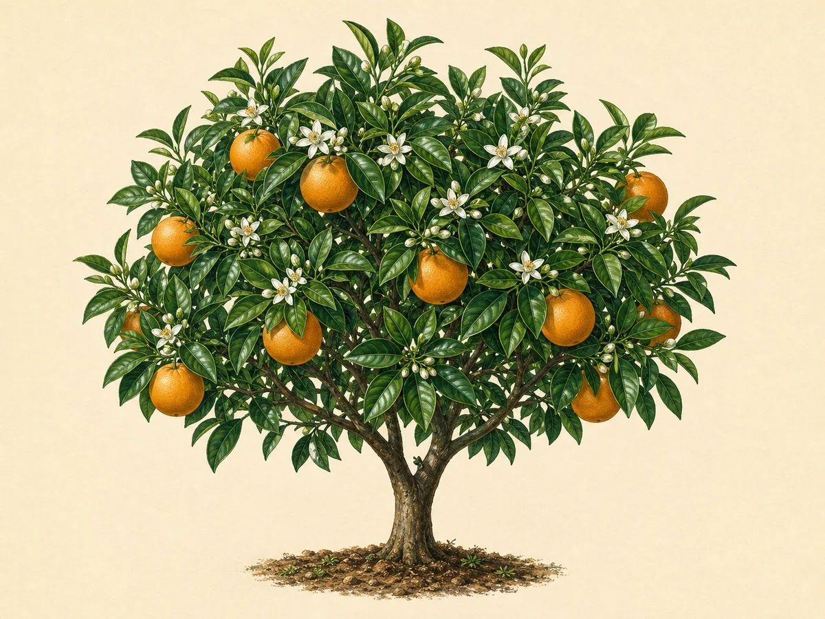 Ilustração botânica de uma laranjeira com flores brancas e laranjas maduras