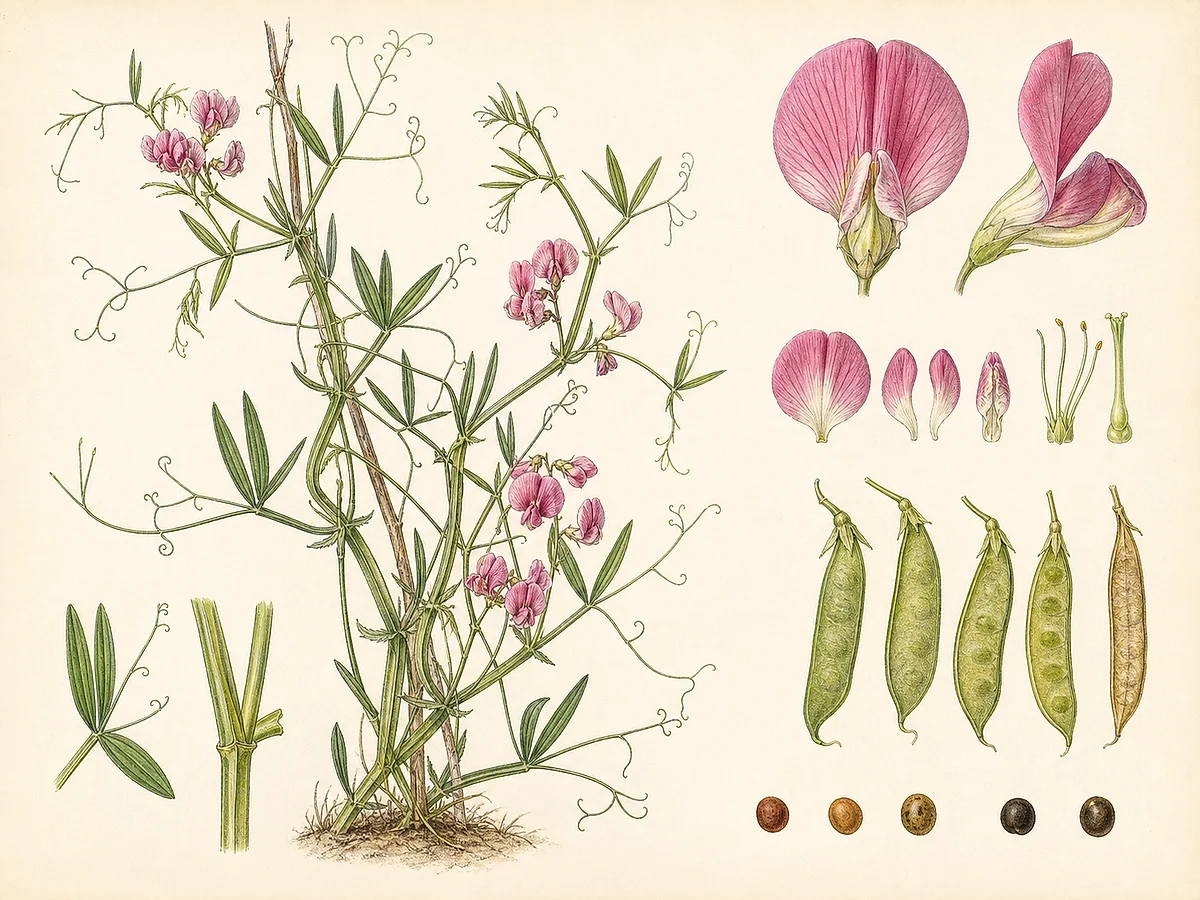 Prancha botânica documental de Lathyrus sylvestris, trepadeira autóctone registada no arquipélago da Madeira