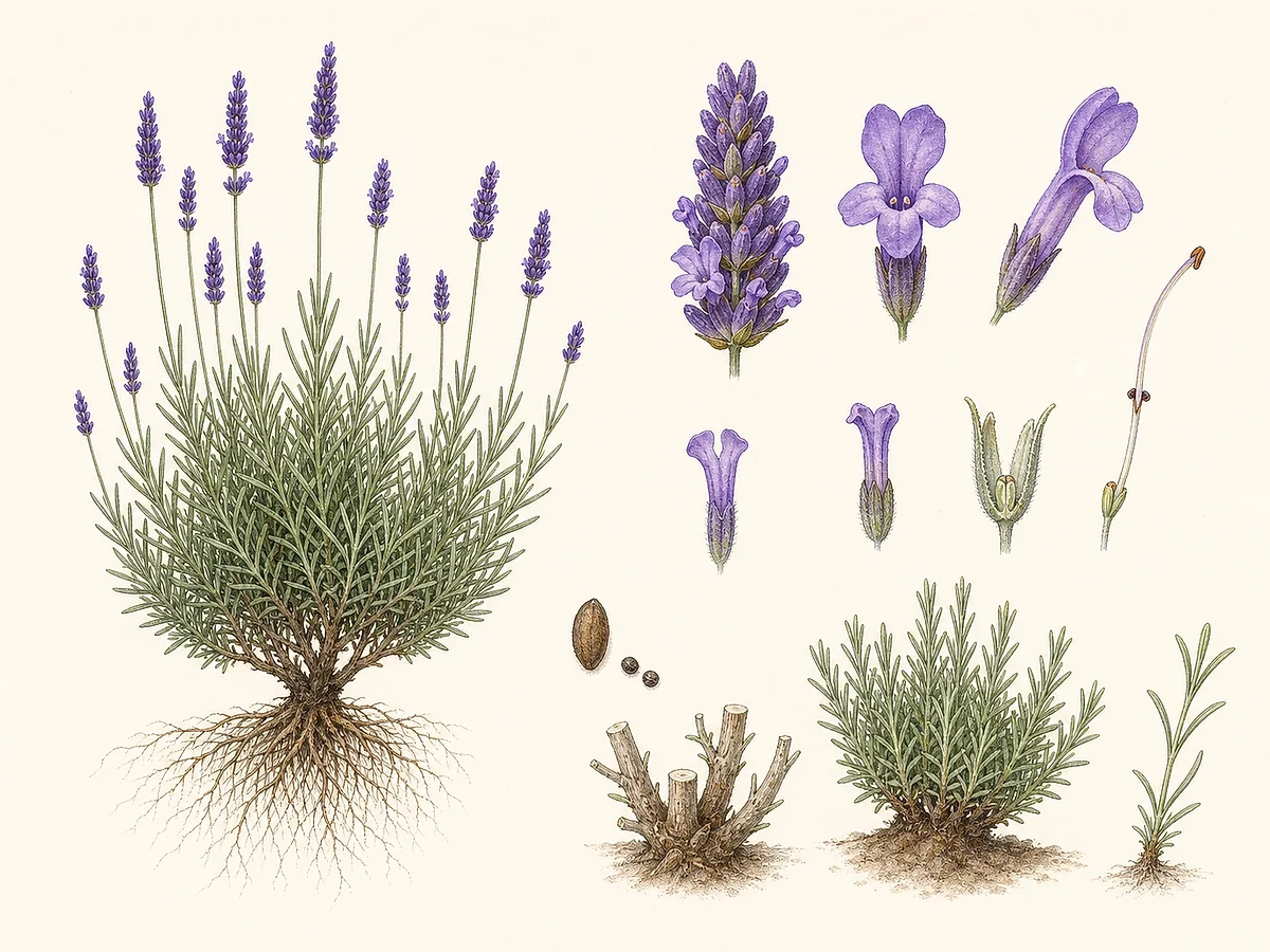 Ilustração botânica de lavanda-verdadeira com base lenhosa, folhas lineares cinzentas, espigas violetas compactas, cálice e quatro núculas