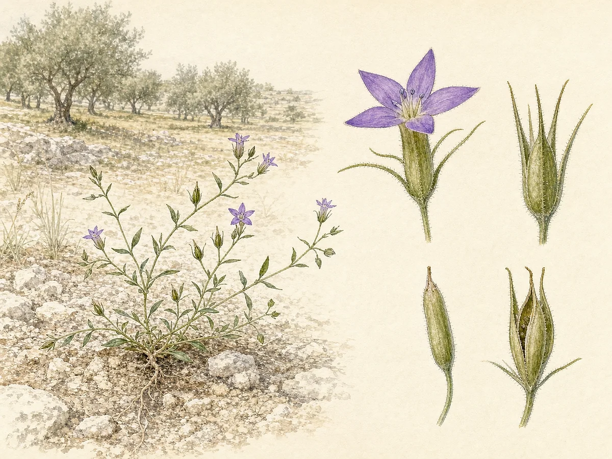 Prancha botânica de Legousia hybrida com anual baixa, folhas alternas, pequenas flores violeta estreladas, cálice de lobos longos e cápsula alongada
