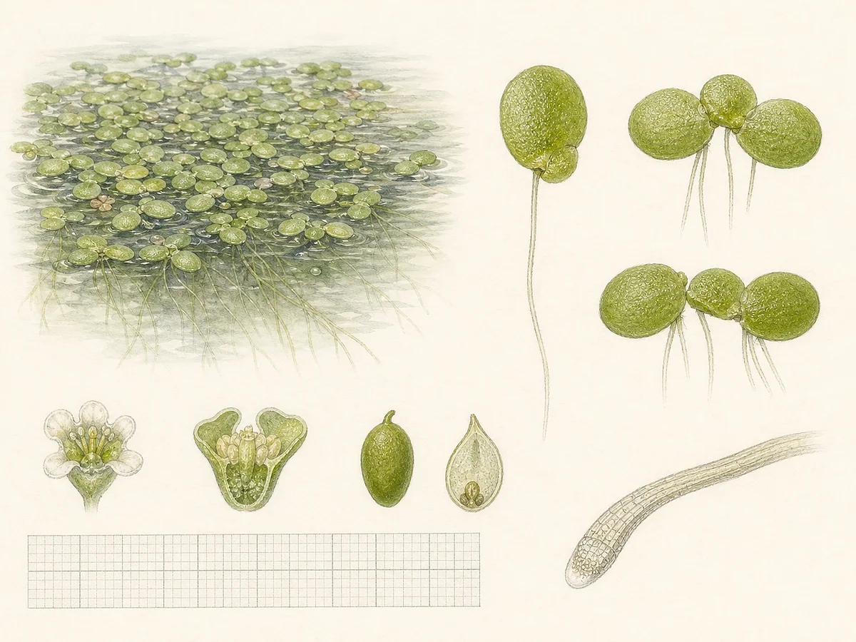 Prancha botânica ampliada de Lemna minor com pequenas frondes ovais verdes flutuantes, uma raiz fina por fronde, gemulação, flores microscópicas e fruto