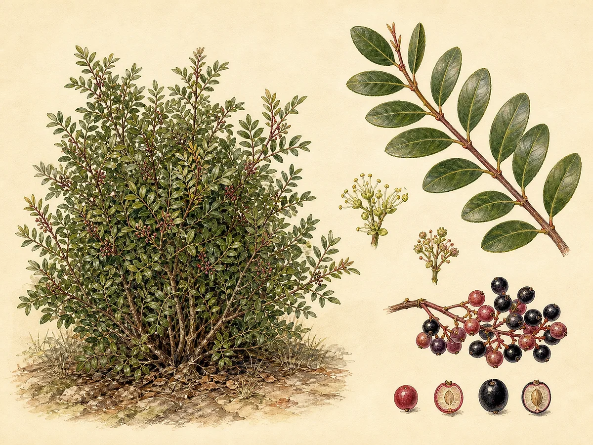 Ilustração botânica de lentisco com folíolos coriáceos, flores discretas, cachos de frutos vermelhos e negros e ramos densos