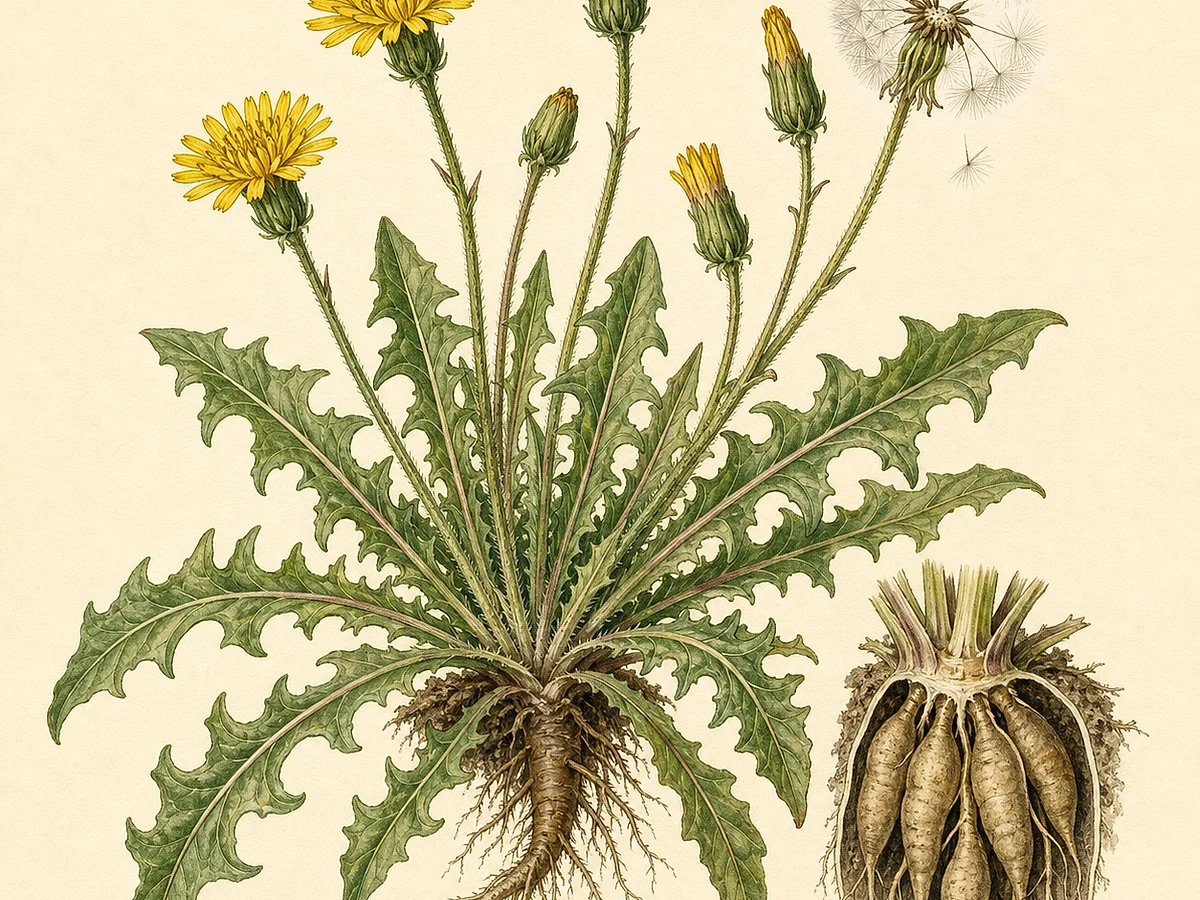 Prancha botânica de Leontodon tuberosus com roseta de folhas lobadas, capítulos amarelos, aquénios com papilho e feixe de raízes engrossadas