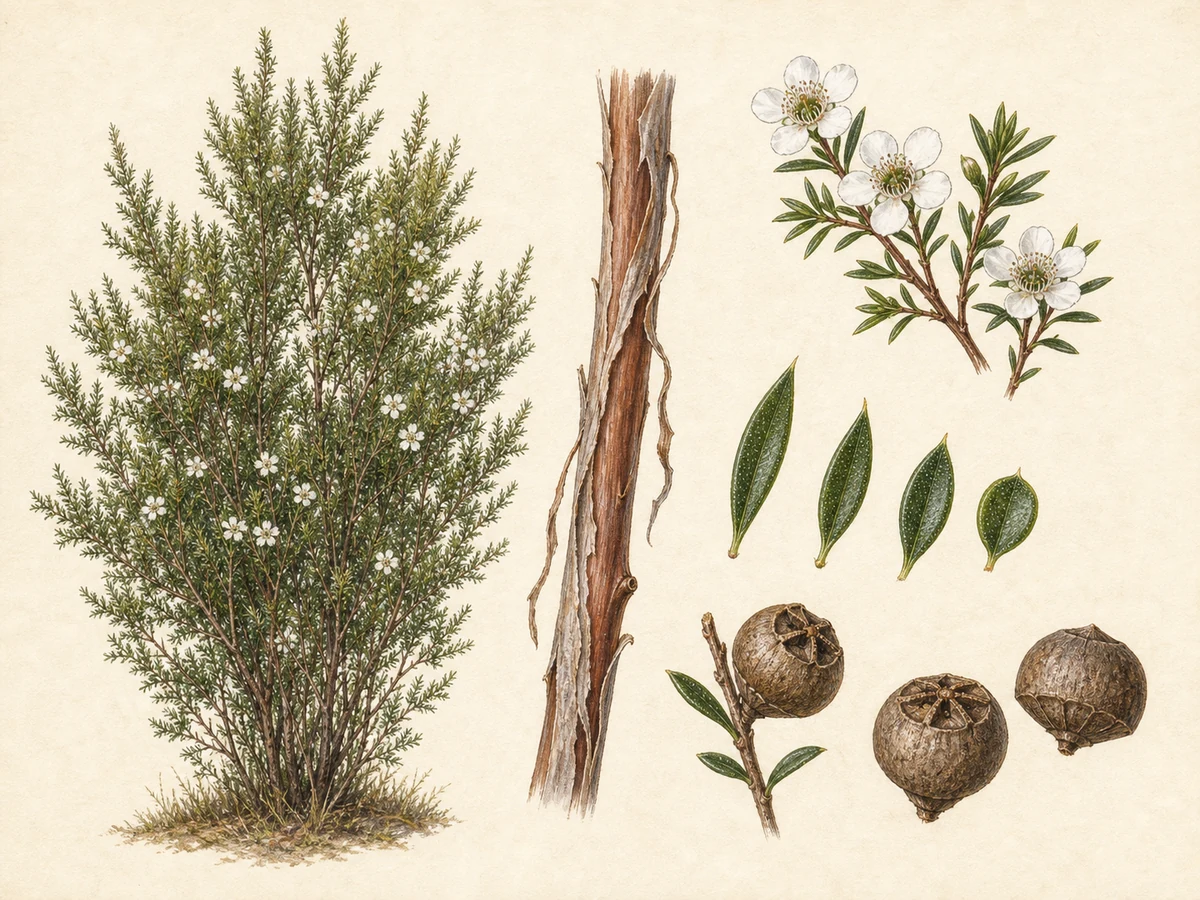 Prancha ilustrada de Leptospermum scoparium com arbusto ereto, casca em tiras nos ramos finos, folhas pequenas de ponta pungente, flores brancas e cápsulas lenhosas hemisféricas persistentes