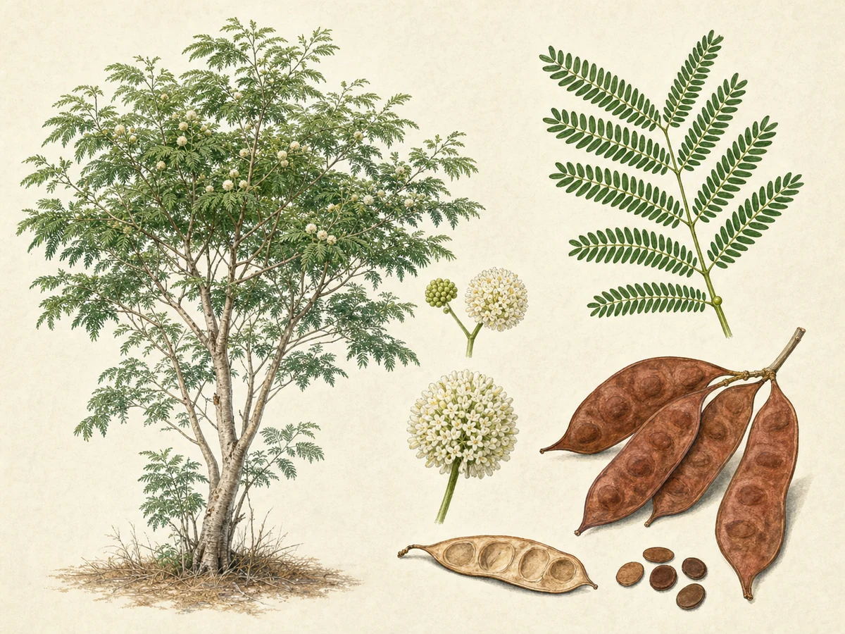Prancha ilustrada de Leucaena leucocephala com pequena árvore, folhas bipinadas e glândula na ráquis, capítulos esféricos claros e vagens planas castanho-avermelhadas com sementes