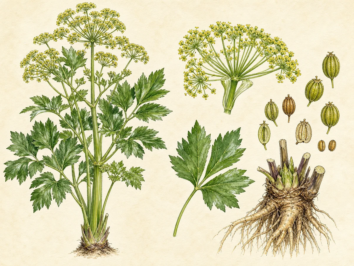 Prancha botânica de Levisticum officinale com perene alta, folhas compostas brilhantes de segmentos largos, umbelas amarelo-esverdeadas, frutos costados e raiz grossa