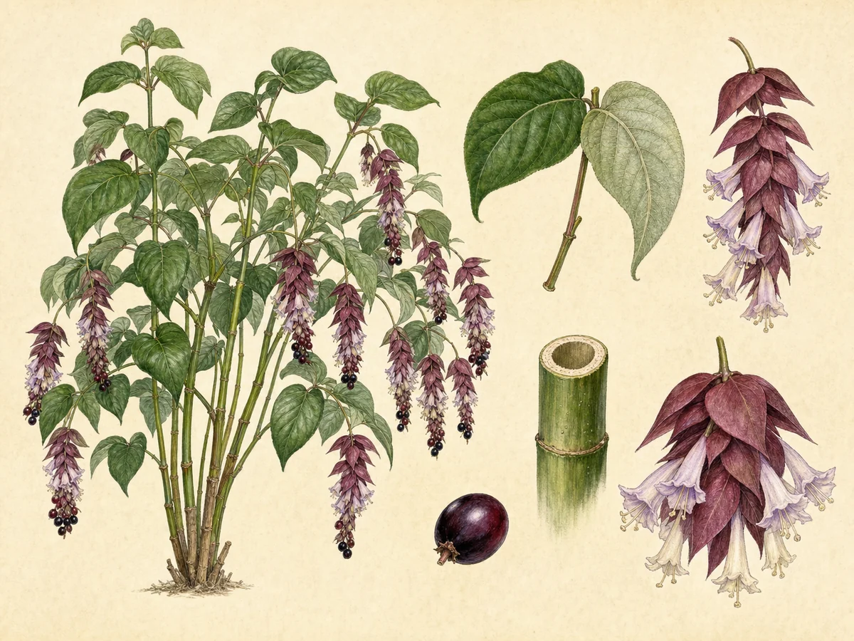 Prancha ilustrada de Leycesteria formosa com arbusto de caules ocos verdes, folhas opostas cordiformes, cachos pendentes de flores creme envolvidas por brácteas roxas e bagas escuras