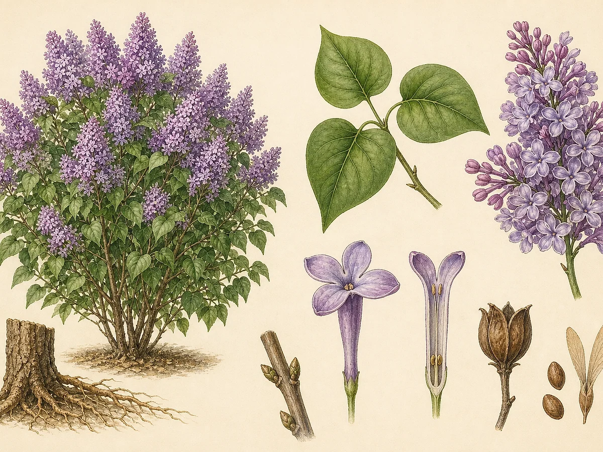 Prancha botânica de Syringa vulgaris com arbusto caducifólio, folhas cordiformes, panículas lilases perfumadas, cápsulas e sementes aladas
