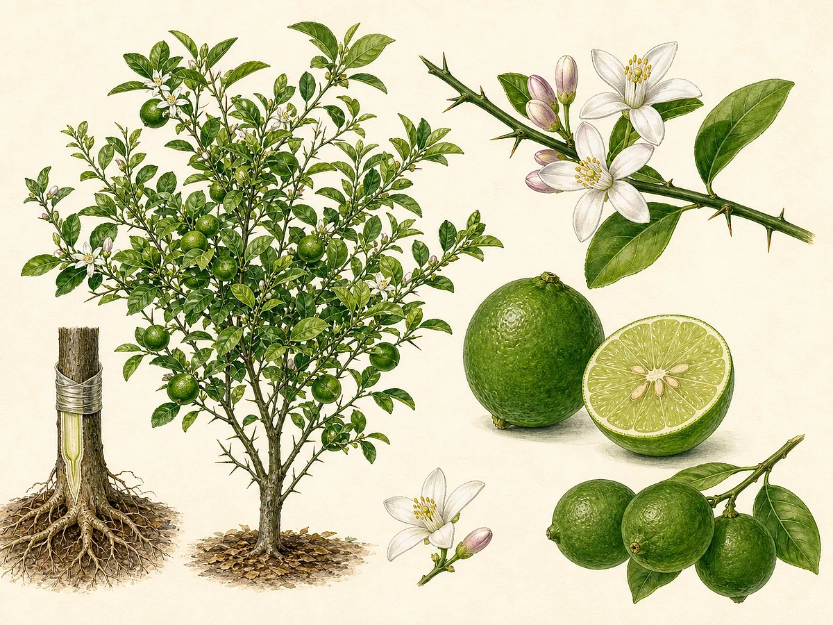 Ilustração botânica de limeira mexicana espinhosa com folhas pequenas, flores brancas e limas verdes, uma cortada em gomos