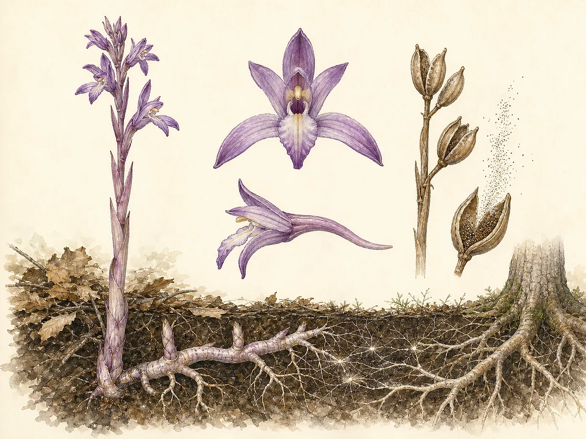 Prancha botânica de Limodorum abortivum com haste violeta quase sem folhas, flores púrpura de esporão comprido, cápsulas, rizoma subterrâneo e ligação esquemática a micélio e raiz de árvore