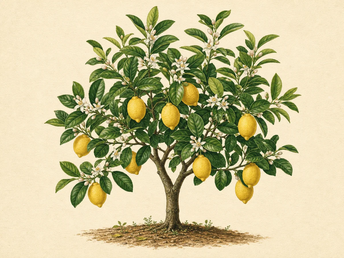 Ilustração botânica de um limoeiro com flores brancas e limões amarelos