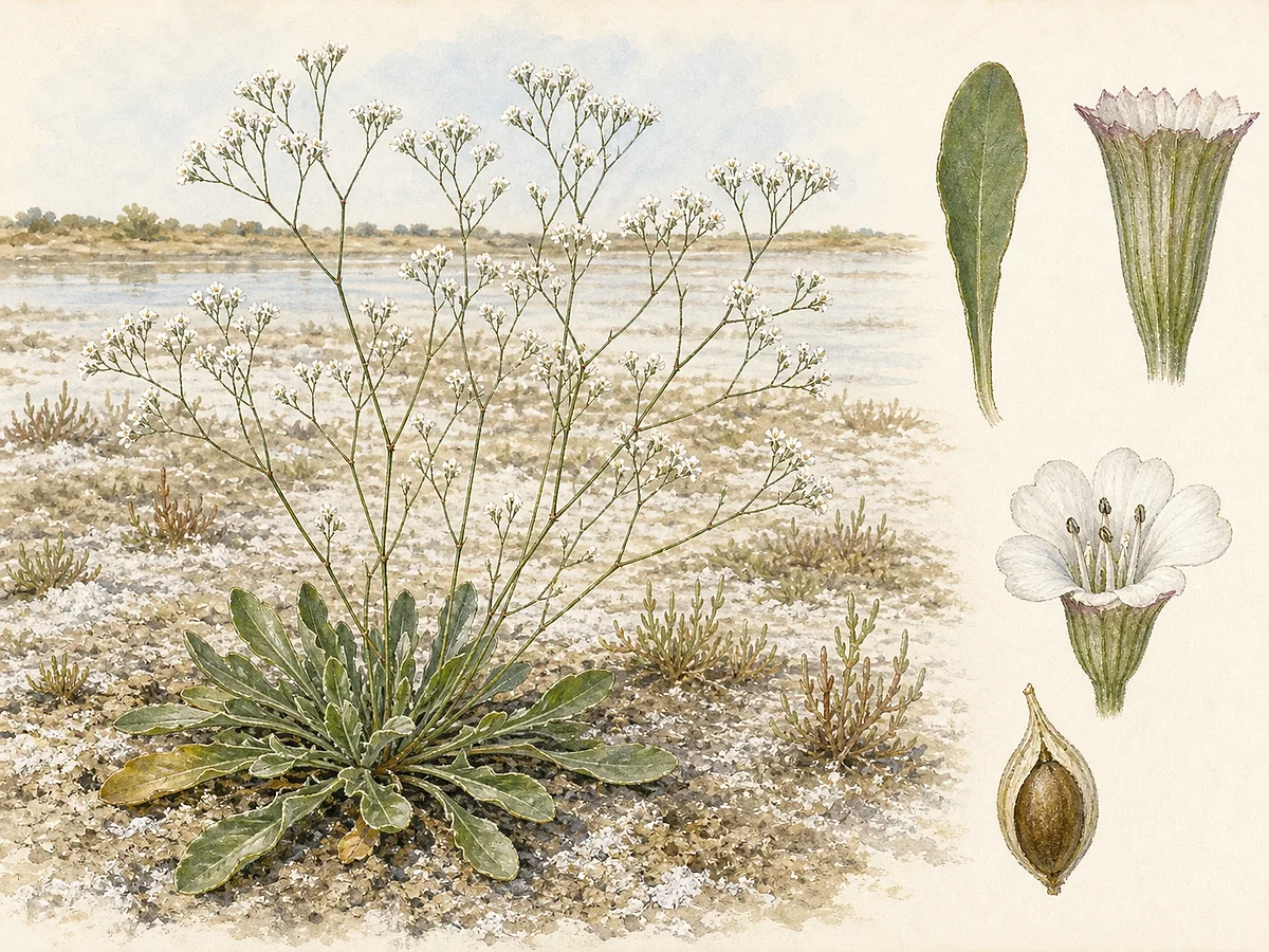Prancha botânica de Limonium diffusum com roseta basal, caules muito ramificados e difusos, pequenas flores brancas, cálice funiliforme e fruto