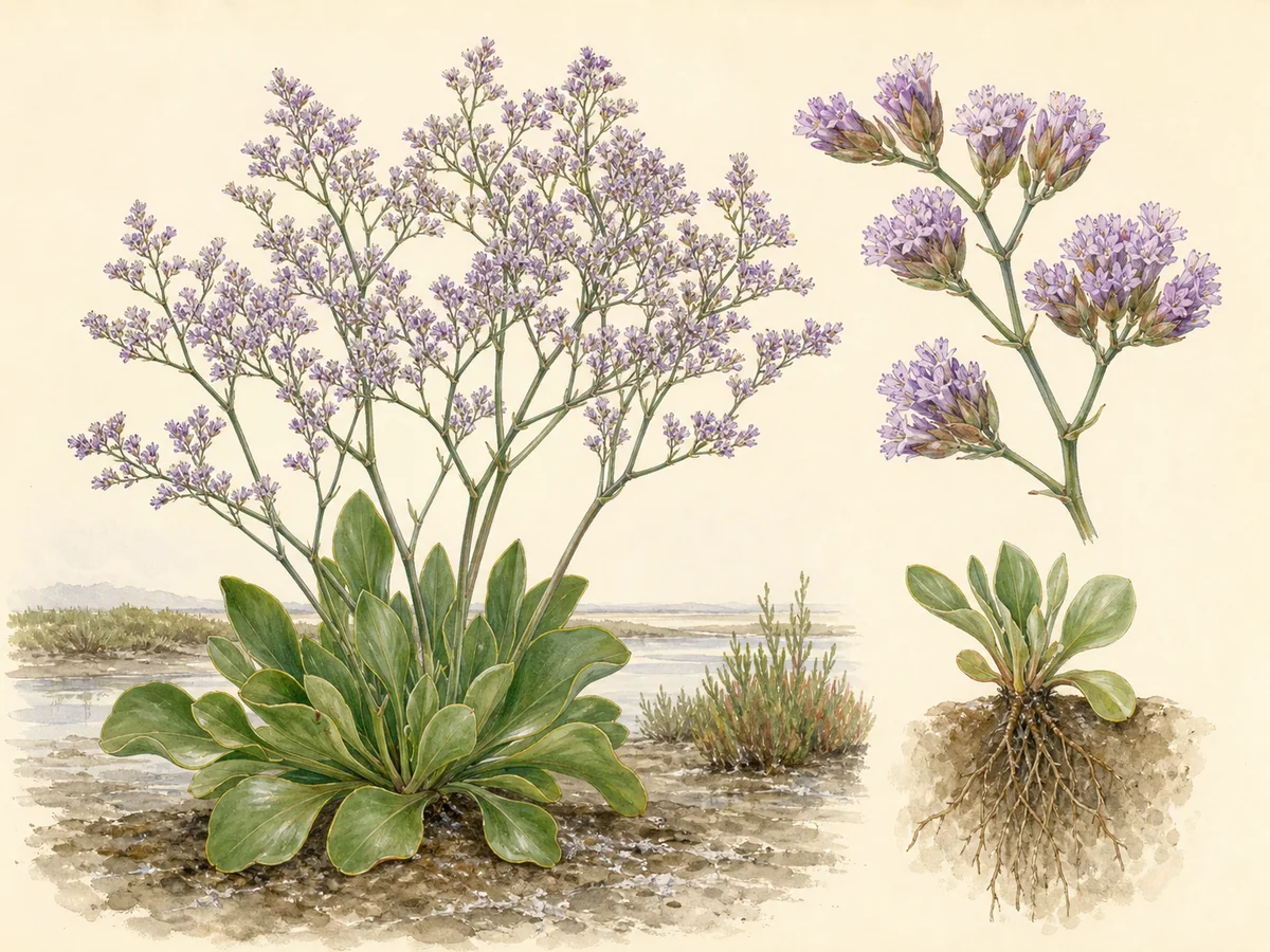 Ilustração botânica de limónio-dos-sapais com roseta de folhas espatuladas e panícula aérea de pequenas flores lilases