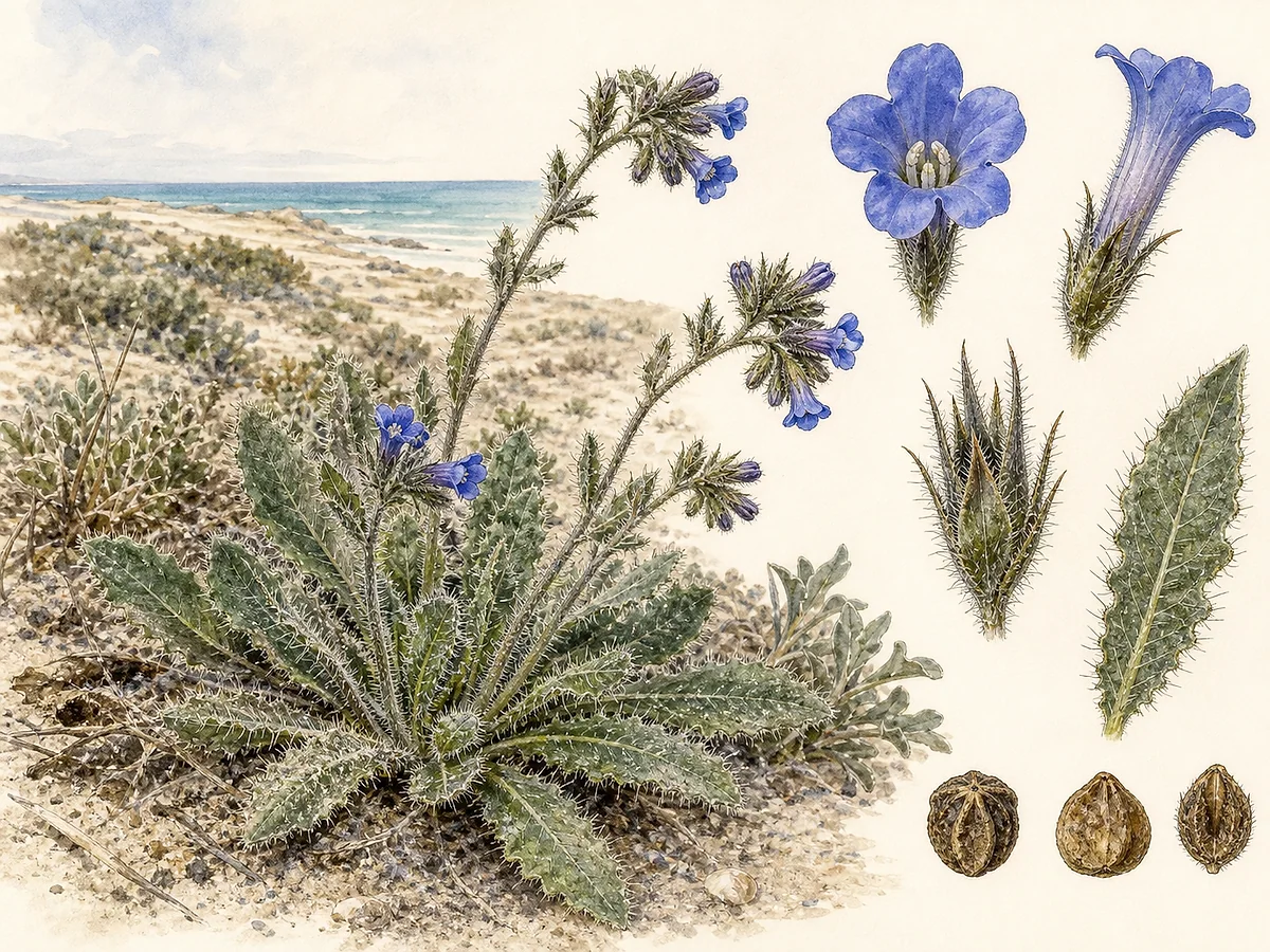 Prancha botânica de Anchusa calcarea subsp. calcarea com roseta de folhas ásperas, hastes curvas, flores azuis tubulares de cinco lóbulos, cálice e núculas