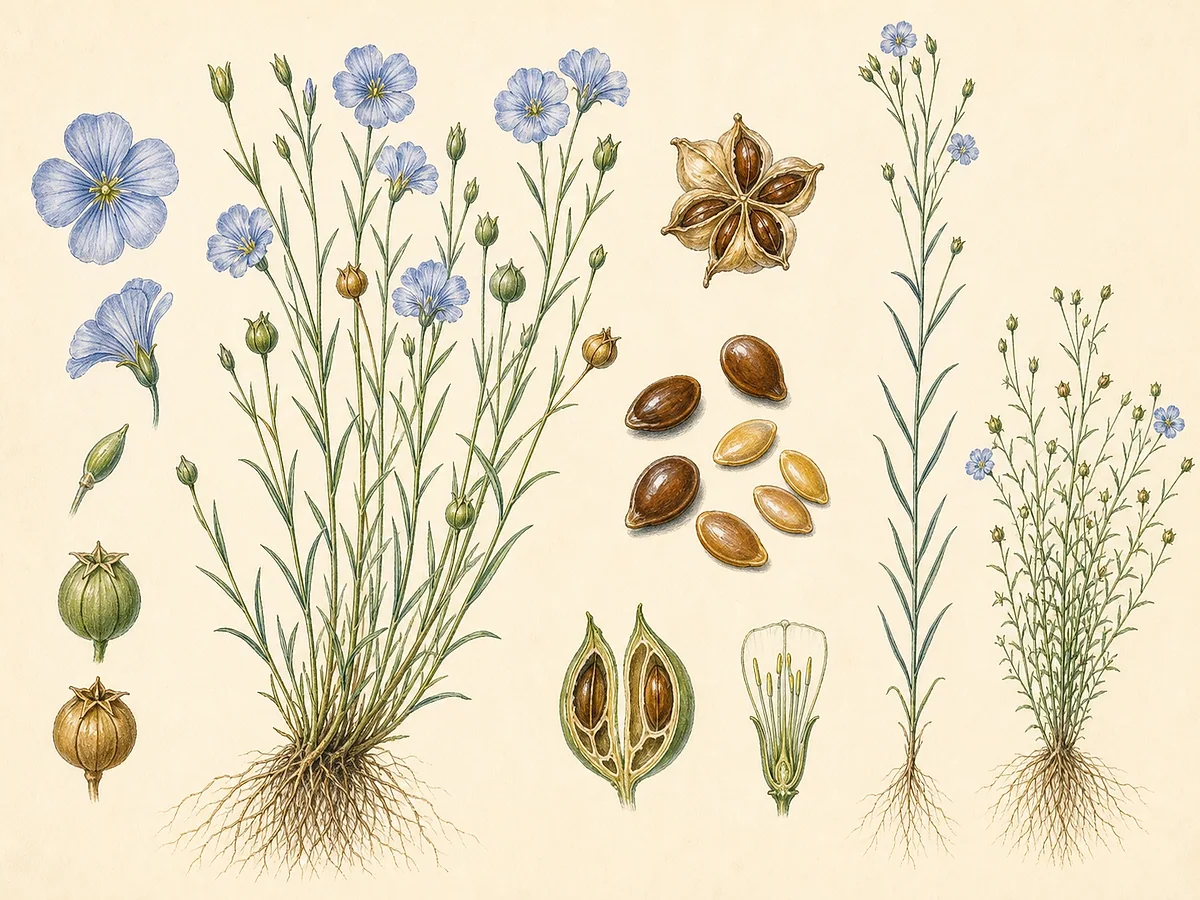 Ilustração botânica de linho com caules finos, folhas estreitas, flores azuis, cápsulas redondas, sementes castanhas e fibras do caule