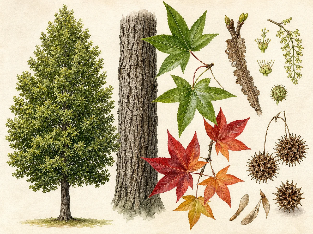 Prancha botânica de Liquidambar styraciflua com copa piramidal, folhas estreladas de cinco lobos, ramos com asas de cortiça e infrutescências esféricas espinhosas