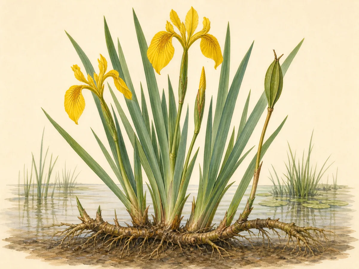 Ilustração botânica de um lírio-amarelo-dos-pântanos com folhas em espada, flores amarelas, cápsula e rizoma