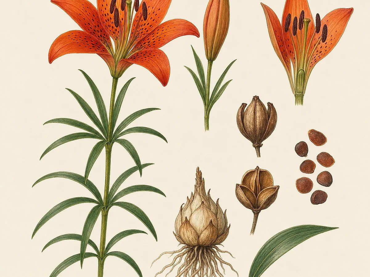 Prancha botânica de Lilium pensylvanicum com bolbo escamoso, caule ereto, folhas lanceoladas em verticilos, flores laranja-avermelhadas pintalgadas e cápsula