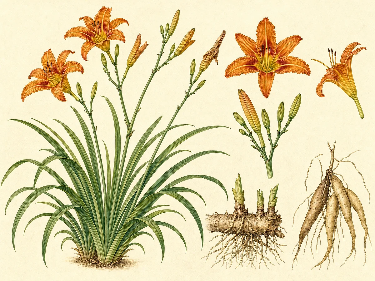 Prancha botânica de Hemerocallis fulva com touceira de folhas longas arqueadas, raízes tuberosas e hastes ramificadas de flores laranja com garganta amarela