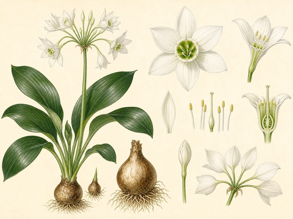 Prancha botânica de Urceolina amazonica com bolbo, folhas largas brilhantes, umbela de flores brancas e coroa estaminal