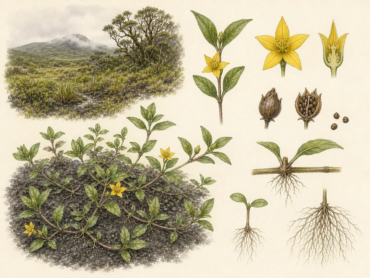 Prancha botânica de Lysimachia azorica com herbácea rastejante glabra, caules enraizantes, folhas opostas ovado-lanceoladas e flores amarelas solitárias