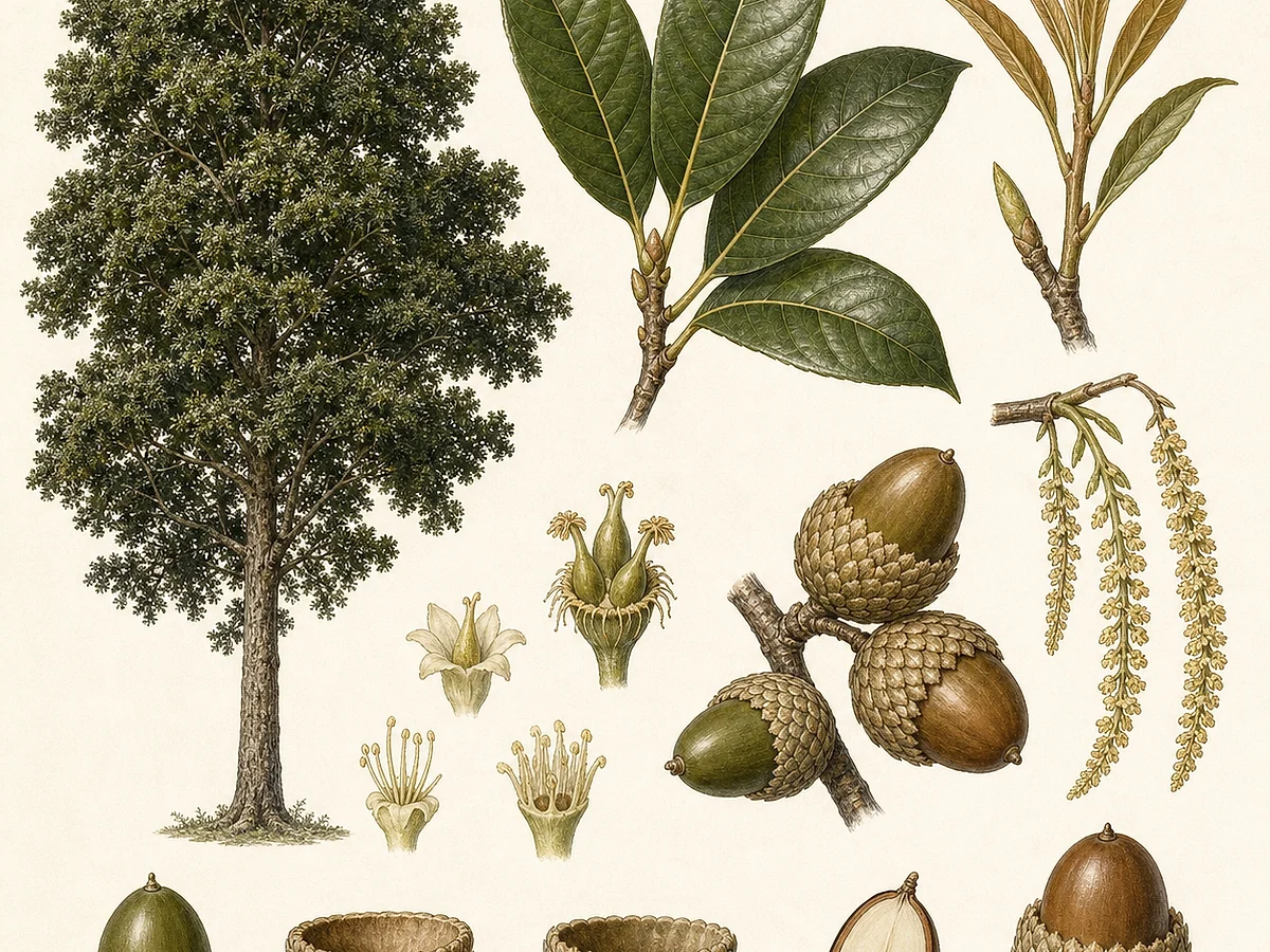 Prancha botânica de Lithocarpus hancei com árvore perene, folhas coriáceas, amentilhos, bolotas em cúpulas e sementes