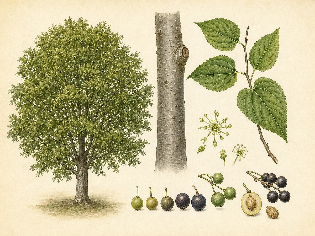 Prancha botânica de Celtis australis com copa arredondada, casca cinzenta lisa, folhas ásperas assimétricas serradas, pequenas flores e drupas escuras