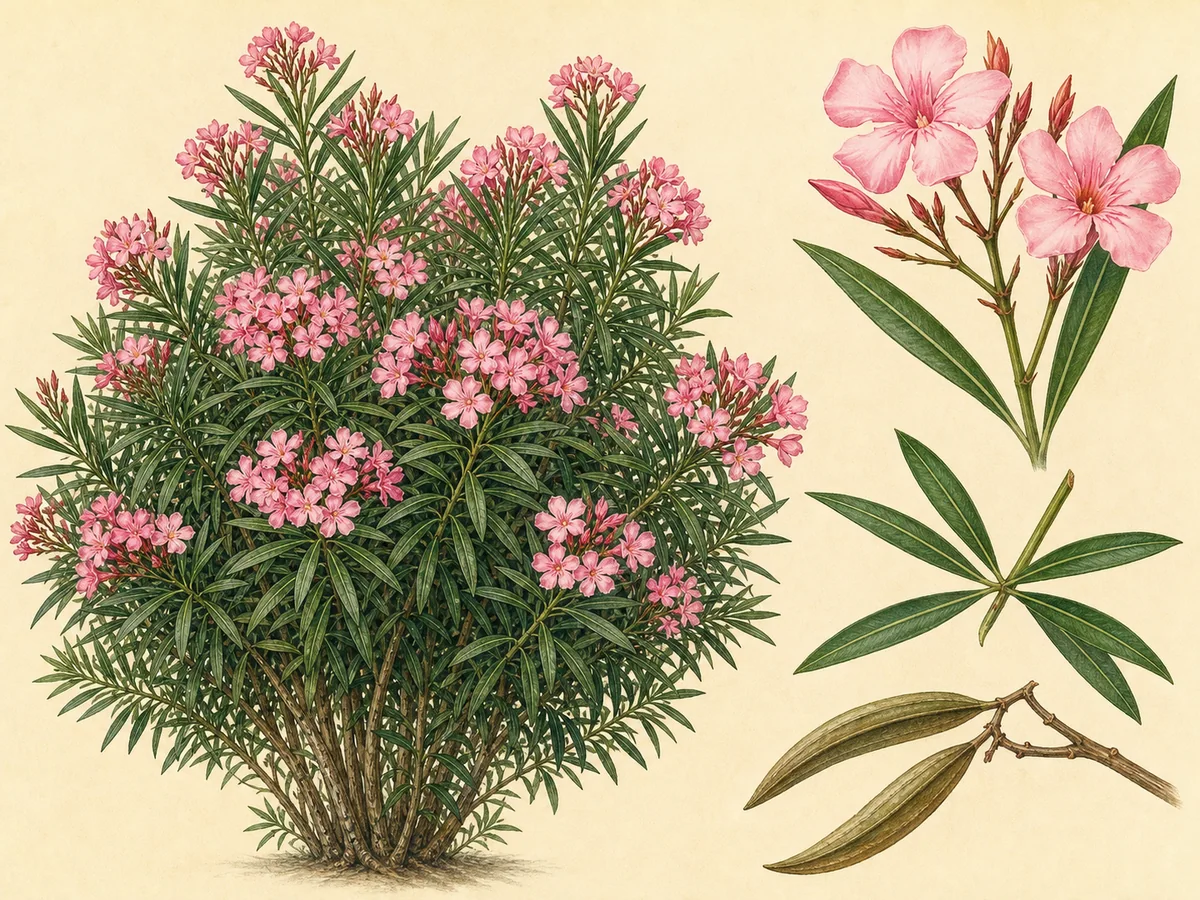 Ilustração botânica de um loendro arbustivo com folhas estreitas em verticilos, flores rosadas e vagens longas