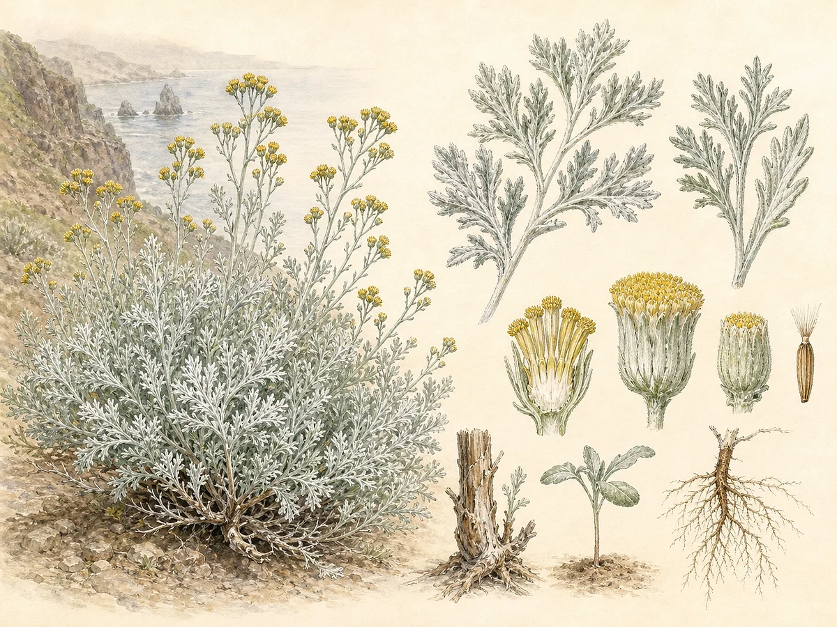 Prancha botânica de Artemisia argentea com subarbusto costeiro, folhas prateadas divididas, hastes com capítulos amarelos, secção floral, aquénio, base lenhosa e raízes