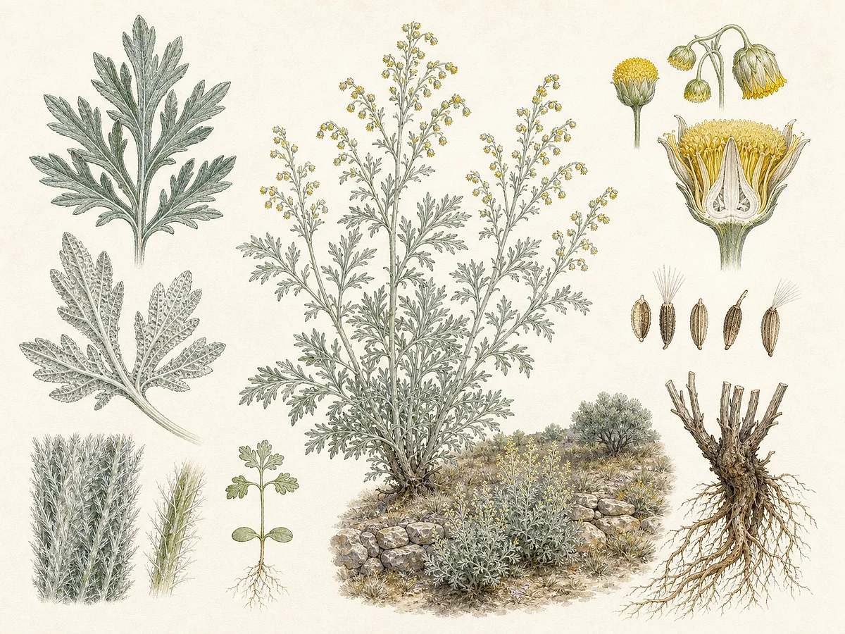 Prancha botânica de Artemisia absinthium com subarbusto cinzento-prateado, folhas profundamente divididas, panículas de capítulos amarelos e aquénios